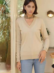 Cold Weather Knitted Sweater Top V Neck Plain Basic Long Sleeve Winter Women Simple Knitwear Knitted Daily Autumn Long Sleeve - Sand - View 1