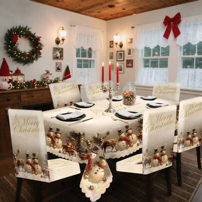 1/4/5/6/35 piezas Conjunto de mantel y funda de silla con estampado digital de lema navideño, reno, muñeco de nieve - Mantel a prueba de polvo y lavable para decoración de comedor interior, reuniones familiares, regalos, fiestas festivas