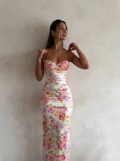 Nuevo Vestido Floral de Tirantes Divididos para Mujer, Ajustado, Sin Mangas, Estilo Playa, Vestidos de Tirantes Espagueti