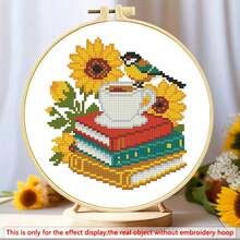 11CT Cross Stitch Kit - Sunflower Bird & Books, Beginner DIY Embroidery Set With Printed Patterns (Autumn House, Cycling Cat), Includes Embroidery Frame, Threads, Instructions, Home Decor, Therapeutic Gift