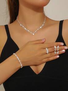 简约新娘项链时尚首饰套装，优雅百搭水钻精致爪链项链耳环手链戒指套装 4 件套 - 金色 - 查看 3