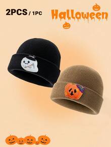2pcs/1pc Cute Ghost & Pumpkin Pattern Knit Hat, Fashionable, Comfortable, Suitable For 1-3 Years Old/0-6 Months Baby To Wear For Halloween Party And Daily Use