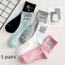 5 Pairs Women's Character Face Print Socks - Features Whimsical Eyes, Nose And Mouth Designs, Soft Pastel Hues, Breathable Mid-Calf Construction For Spring/Autumn Wear