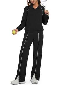 Women's 2 Piece Sweat Outfits Casual Lounge Zip Up Sweatshirt Wide Leg Jogging Pants Striped Track Suit Set - Black - View 6