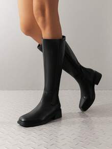 Women's Knee High Boots Square Toe Low Block Heel Side Zipper Solid Color Casual Comfort Riding Long Boots For Outfits Autumn/Winter - Black - View 3