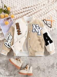 New Winter Style Boys' Jacket With Patchwork Design, Apricot Baseball Jacket, Preppy Style Kids Coats