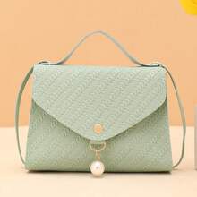 Solid Color Grass Texture Pearl Decor Crossbody Handbag , Green - Green - View 7