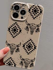 1 pieza Funda dura de teléfono con elemento geométrico bohemio occidental de vaquero perforado y filamento brillante, compatible con Samsung/ 11/12/13/14/15/16 Pro Max