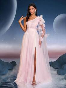 Anymoon 女士 3D 立体花卉装饰网纱长款晚礼服，适合毕业典礼、返校节、正式舞会、派对和婚礼等场合。 - 淺粉色 - 查看 4