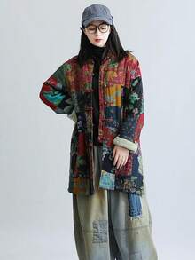 LUZU JUNU Women's Trench Coat Floral Print Long Cotton Linen Jacke Cottagecore Clothing Patchwork Outwear Bohemian Unique - 復古灰色夾克毛絨襯裡 - 查看 8