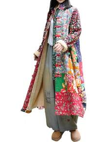 LUZU JUNU Women's Trench Coat Floral Print Long Cotton Linen Jacke Cottagecore Clothing Patchwork Outwear Bohemian Unique - 復古灰色毛絨襯裡 - 查看 1
