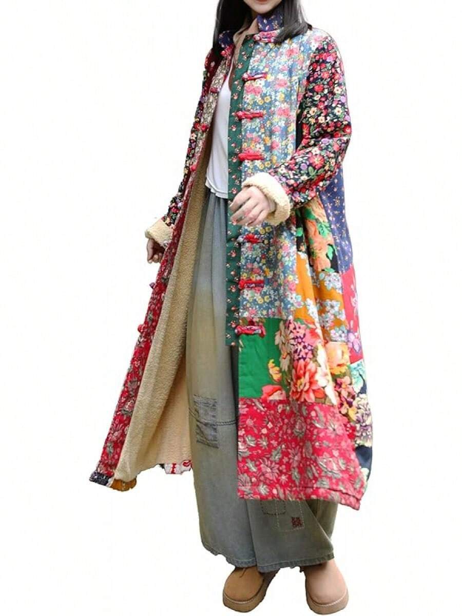 LUZU JUNU Women's Trench Coat Floral Print Long Cotton Linen Jacke Cottagecore Clothing Patchwork Outwear Bohemian Unique - 復古灰色毛絨襯裡 - 查看 1