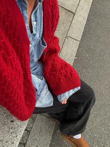 Senya Women's Solid Colour V-Neck Single-Breasted Knitted Jumper Cardigan, Loose Casual, Red, Office, Daily Commute, Christmas, Valentine's Day, Graduation, Back-To-School, Halloween, New Year's Twisted Rope Sweater Top