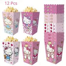 Sanrio [Caixas de Pipoca Hello Kitty] 12 caixas de pipoca Hello Kitty - Design listrado rosa e branco com motivos de coração, baldes de lanche dobráveis para festas, casamentos, aniversários, formaturas e embalagens para presentes | Design lúdico | Caixas de pipoca decorativas, para artigos de festa Hello Kitty, Natal, Halloween