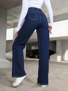 Jeans Wide Leg de Mezclilla Azul Oscuro para Mujer Corte Moderno y Atemporal para Looks Versátiles - Azul H2CZA10 - Ver 3