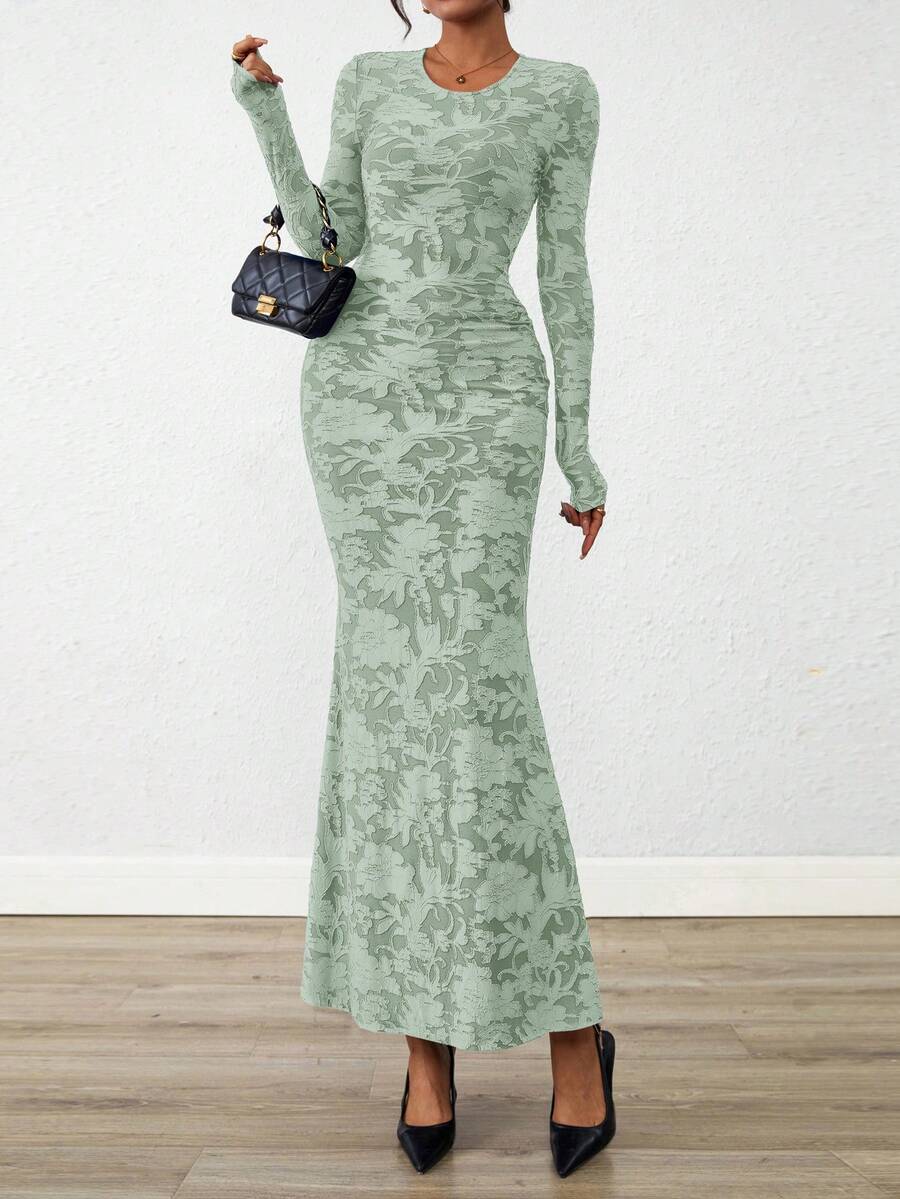 Women Elegant Floral Lace Long Sleeve Bodycon Maxi Dress Spring Fall Autumn Prom Wedding Guest Outfits - 淺綠色 - 查看 1