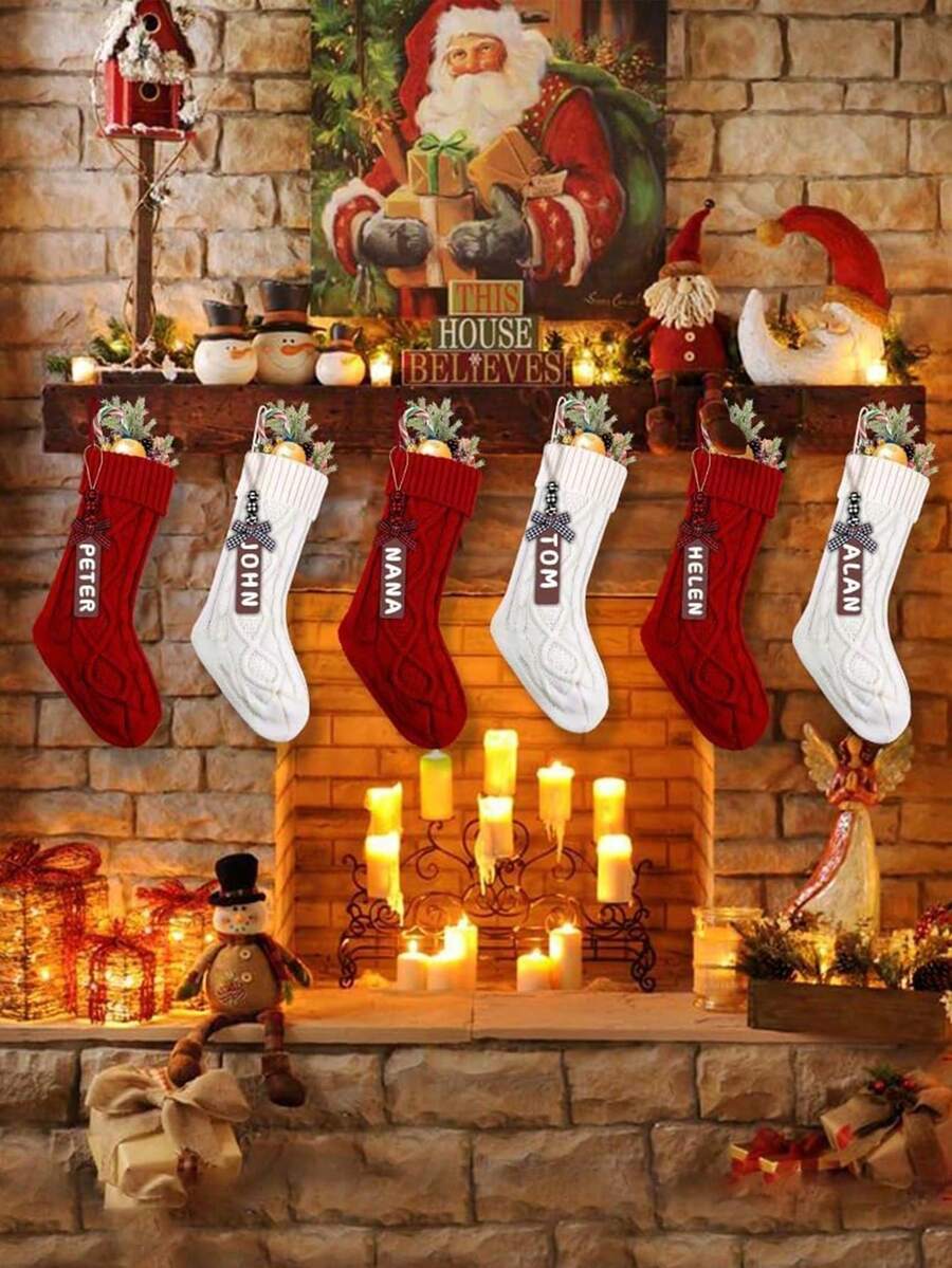 8Pcs Large Christmas Stockings With DIY Wood Name Tags, 18 Inch Large Stockings Xmas Hanging Decorations With Christmas Stocking Tags For Xmas Party Decor Decorations Home Decor Christmas Decorations Room Decor Winter