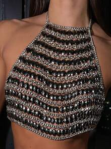 ZHENGHEN 1件奢华闪亮方形水钻项链胸链，时尚性感多层珍珠身体链，适合派对装扮 - 黑色 - 查看 2