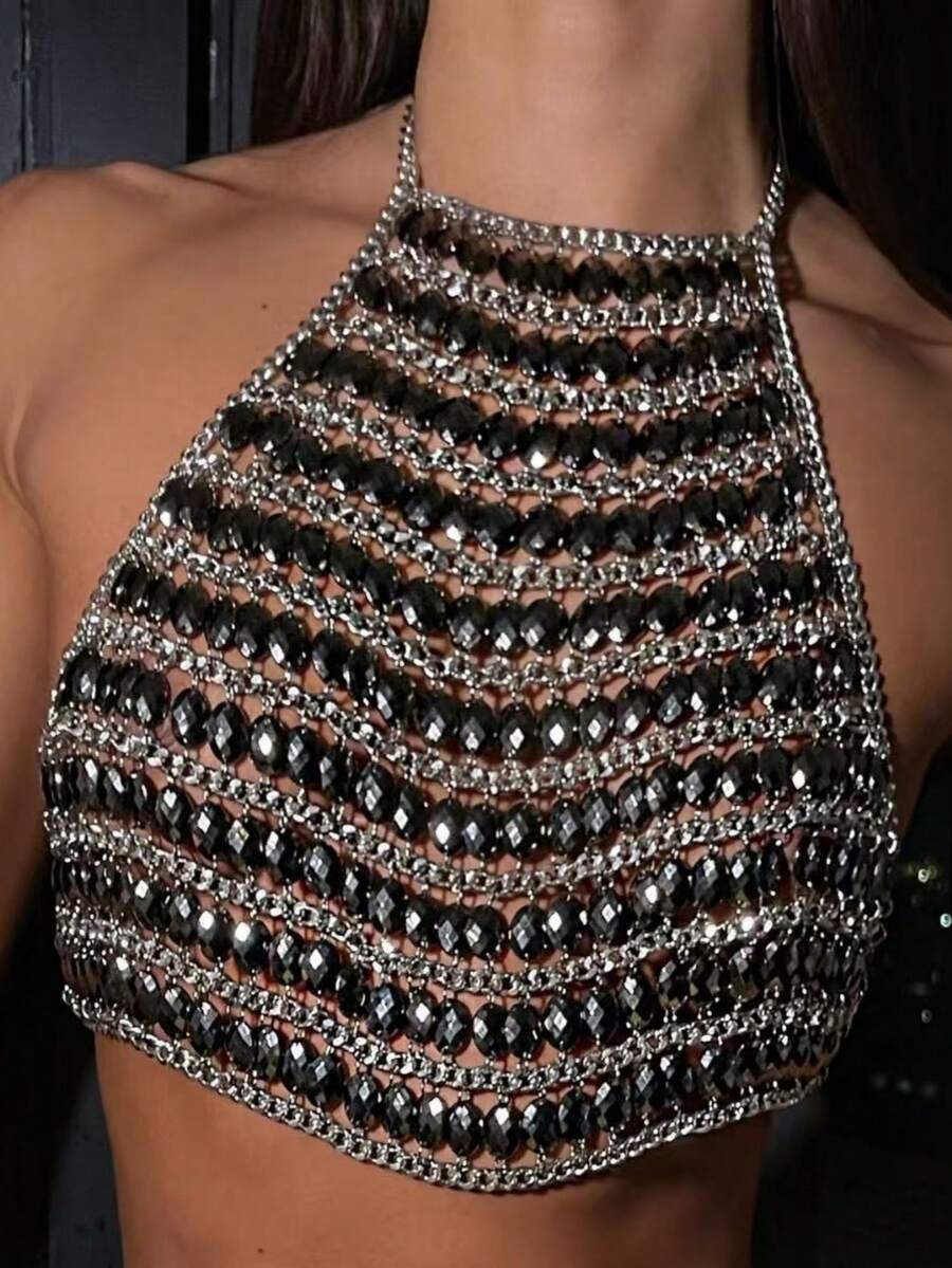 ZHENGHEN 1件奢华闪亮方形水钻项链胸链，时尚性感多层珍珠身体链，适合派对装扮