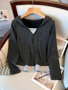 Plus Size Casual Patchwork Color Block 2 In 1 Sweatshirt & Pants Set, Autumn - Grey - View 4