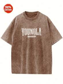Men's Oversized Heavyweight 100% Cotton Vintage Washed YOUNGLA Pattern T-Shirt - Loose Street Style Printed Top With Eye-Catching Large Letter Design, Brown Distressed Effect, Large Size Round Neck Short Sleeve Casual Shirt Suitable For Men And Teenagers, Suitable For Daily Wear In Spring, Summer, And Autumn (Extra Large And Extra Tall Sizes Available) - Hip-Hop Style Loose Fit, Machine Washable, Unisex Style Suitable For Casual Outings And Sports, Urban Fashion , Durable Fabric, High-Quality Printing, Youth Clothing - 咖啡色 - 查看 1