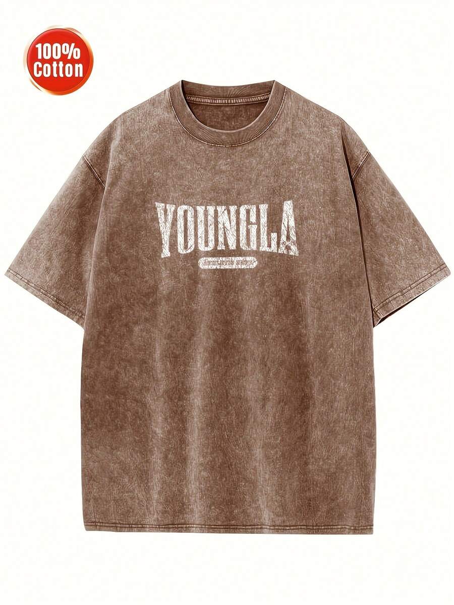 Men's Oversized Heavyweight 100% Cotton Vintage Washed YOUNGLA Pattern T-Shirt - Loose Street Style Printed Top With Eye-Catching Large Letter Design, Brown Distressed Effect, Large Size Round Neck Short Sleeve Casual Shirt Suitable For Men And Teenagers, Suitable For Daily Wear In Spring, Summer, And Autumn (Extra Large And Extra Tall Sizes Available) - Hip-Hop Style Loose Fit, Machine Washable, Unisex Style Suitable For Casual Outings And Sports, Urban Fashion , Durable Fabric, High-Quality Printing, Youth Clothing - 咖啡色 - 查看 1