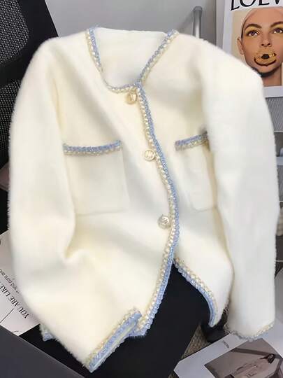 Plus Size Women Knitted Long Sleeve Crew Neck Cardigan, Front Button Design, Simple & Fashionable Casual Style, Suitable For Autumn/Winter Daily Commute. Lovely Sweater