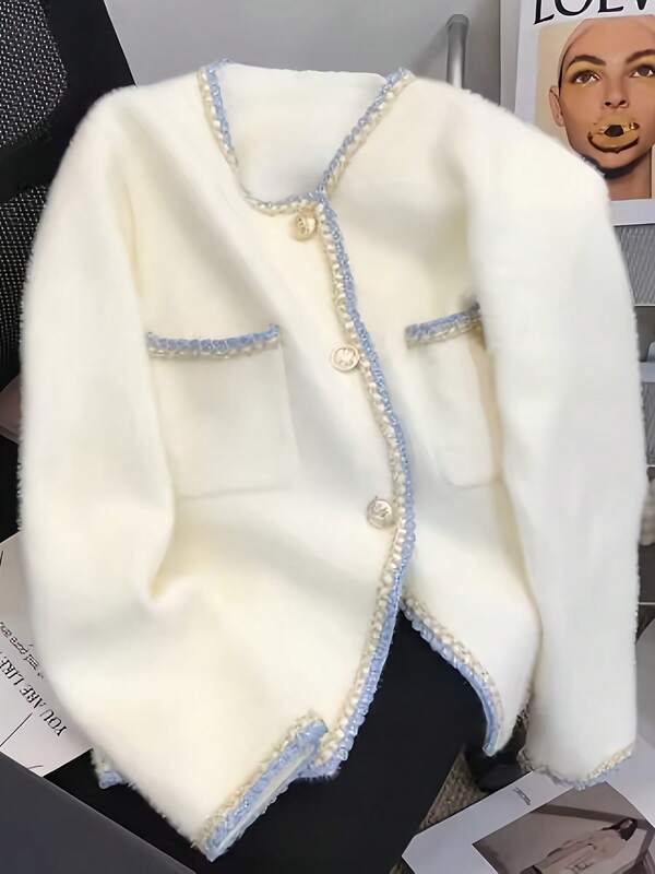 Plus Size Women's Knitted Long-Sleeved Round Neck Cardigan With Front Button Details, Simple And Fashionable Versatile Casual Style, Suitable For Daily Commuting In Autumn And Winter. Cute Sweater