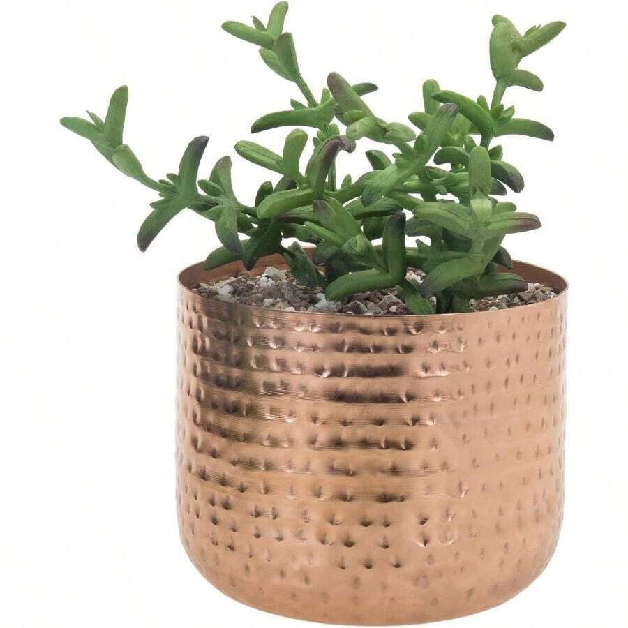 6 Inch Copper Tone Metal Plant Pot With Hammered Design, Decorative Small Succulent Planter - Handcrafted In India - Copper - View 1