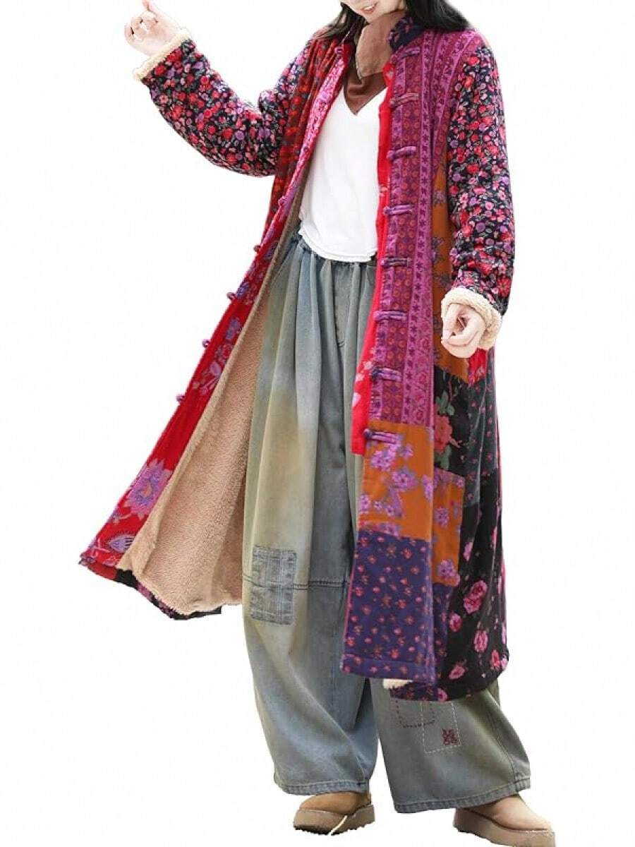 LUZU JUNU Women's Trench Coat Floral Print Long Cotton Linen Jacke Cottagecore Clothing Patchwork Outwear Bohemian Unique - 玫瑰毛絨襯裡 - 查看 1