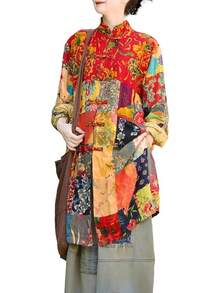 LUZU JUNU Women's Trench Coat Floral Print Long Cotton Linen Jacke Cottagecore Clothing Patchwork Outwear Bohemian Unique - 黃夾克 - 查看 1