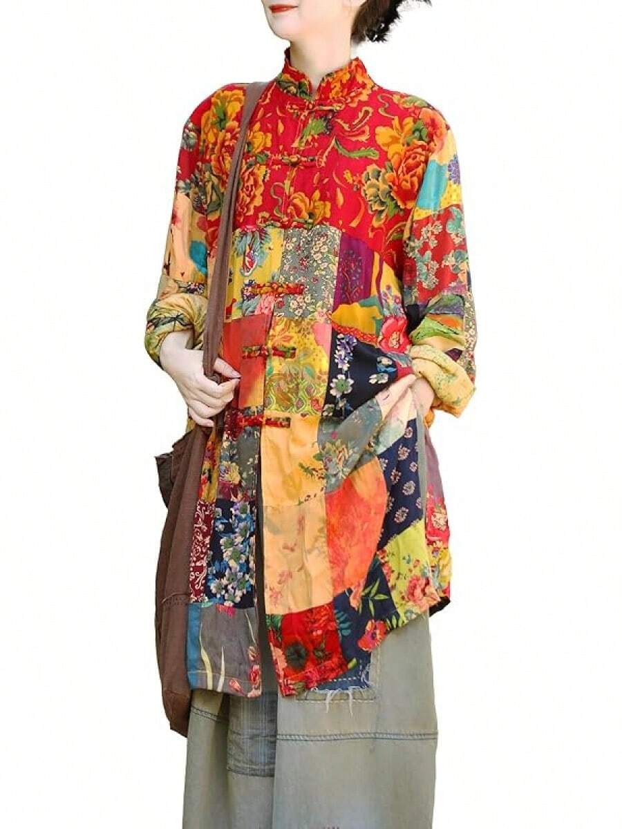 LUZU JUNU Women's Trench Coat Floral Print Long Cotton Linen Jacke Cottagecore Clothing Patchwork Outwear Bohemian Unique - 黃夾克 - 查看 1