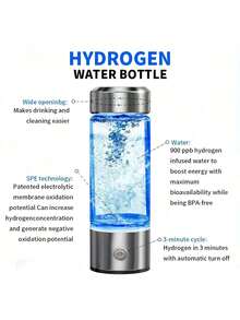 1个14盎司（420毫升）便携式硼硅酸盐玻璃氢离子水瓶，美容健康杯，可充电富氢水生成器，采用SPE/PEM技术快速电解，改善水质，适合家庭、学校、办公室、旅行、健身和日常补水，是送给长辈的绝佳礼物。