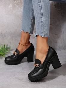 Women's Gold Chain Buckle Loafers, Black Chunky Heel Platform Shoes - Black (thin Chain) - View 7