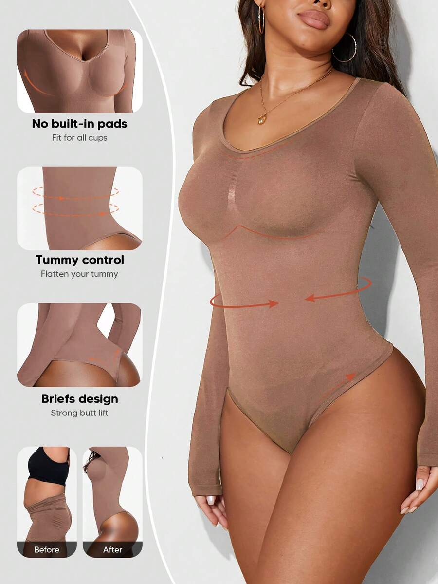 Women's Solid Color Casual Ribbed Long Sleeve Bodysuit Summer Elegant