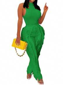 Women 2 Piece Outfits Fringe Tassel Long Pants Set Adjustable Suspenders Bodysuit Strap Clubwear Jumpsuits Solid Color Wave Pattern, V-Neck Suitable For All Seasons, Elegant Backless  Semi Transparent Camisole Straight Leg Pants For Spring And Summer - Màu xanh Bạc hà - Xem 3