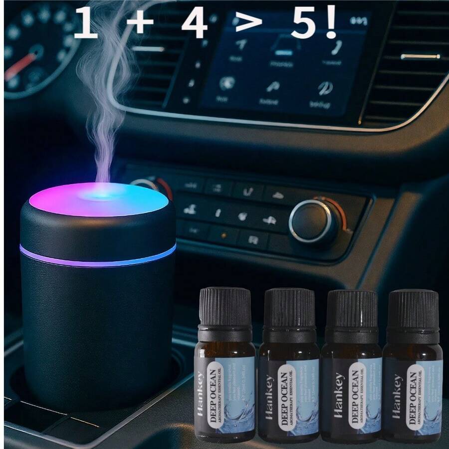 DOVVEE Mini Car Humidifier + 4X DeepOcean™ Oils | Extended Freshness Bundle For Smoke Removal – Breathe Clean With Powerful Ocean Mist (Dark Grey Humidifier*1+ DeepOcean Oil*4 - Màu xanh lam - Xem 1