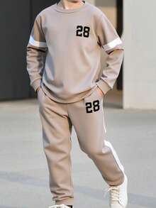 2pcs/Set Tween Boy Spring/Autumn Printed Sweatshirt & Pants Casual Outfit