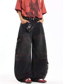 1 chiếc quần jeans denim rách phong cách đường phố Mỹ cổ điển của Justice Brother, quần ống rộng thoải mái, nhiều túi, phù hợp cho mọi mùa - màu đen - Xem 3