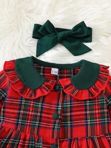 Baby Girls' Christmas Plaid Bowknot Long Sleeve Dress + Headband, Autumn - Red - View 3