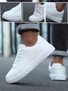 Men's White Leather Casual Sneakers - Classic Comfort With Dark Denim Style For Urban Everyday Wear, Year-Round Shoes For Men​ - trắng - Xem 6