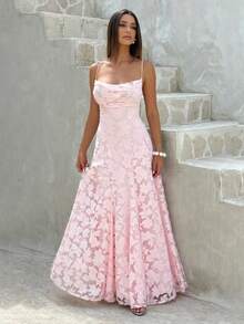 Elegant Off-The-Shoulder Jacquard Lace Strap Dress, Waist Tie, Graceful Evening Gown - Hồng - Xem 6