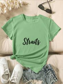 Camiseta para Mujer Playeras con Letra Manuscrita Straits Estilo Casual.Top versátil de moda diaria para mujer - verde menta - Ver 2