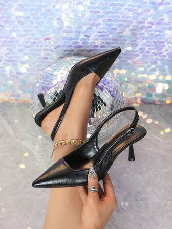 Fall/Winter Women's Black High Heel Pumps, Pointed Toe Slingback High Heel Sandals, Patent Leather Formal Dress Shoes, Elegant, Kitten Heels, Party