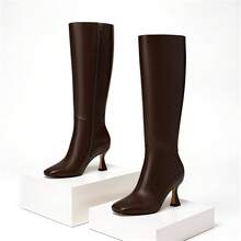 Athlefit Women's Kitten Heel Knee High Boots Square Toe High Heel Sexy Tall Boots With Side Zipper - 棕色 - 查看 1