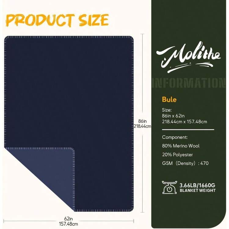 Merino Wool Blend Camping Blanket Ultra Warm Moisture Wicking Portable Outdoor Blanket For Camping RV Trips Adventures Picnic Bushcraft Survival Kits Large 86"X62" - 海軍 - 查看 5