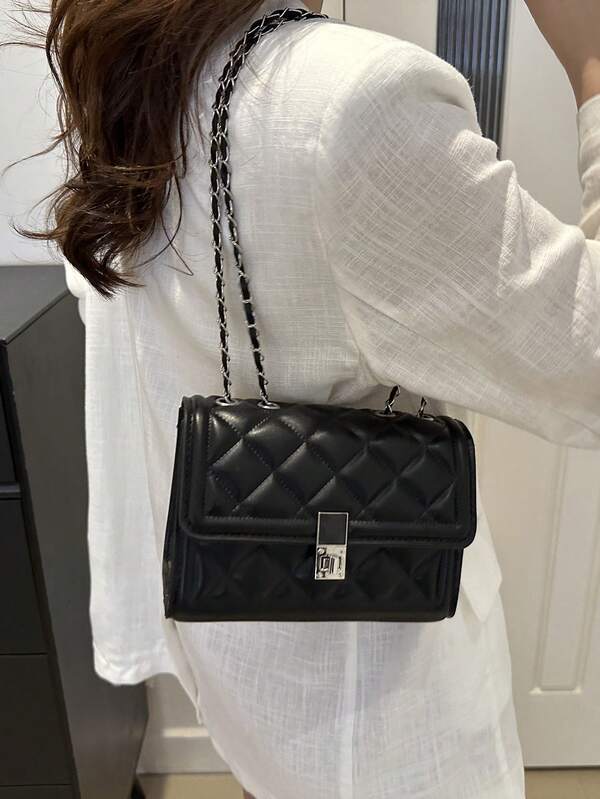 A 2025 Luxury Quilted Checkered Solid-Color PU Special Lock Women's Shoulder Bag, Versatile Accessory Wallet, Suitable For Daily Outings, Commuting, Gatherings, Dates, And Gifts