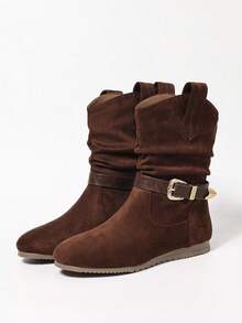 Coffee Pleated Strap Buckle Slip-On Low Heel Round Toe Comfortable Versatile Elegant Daily Commute Office Fashion Mid-Calf Boots For Women - Coffee Brown - View 4