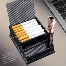 1pc New Design One-Button Automatic Pop-Up Cigarette Box - Black/Red Wood Grain/Carbon Fiber/Walnut Grain/Four Colors Available 40 Cigarettes Large Capacity - Modern And Simple Style ABS Material - Men's Cigarette Box Including Lighter Card Slot, Dad's Gift - This Portable Gift Box Is Very Suitable For Parties, Birthdays, Father's Day