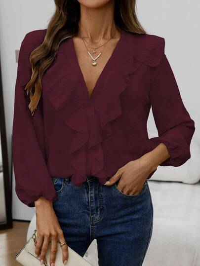 Blusa de manga larga con cuello en V y volantes elegante y casual para mujer, primavera/otoño
